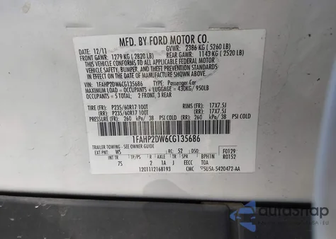 2012 Ford Taurus Se from USA, damaged, VIN 1FAHP2DW6CG135686